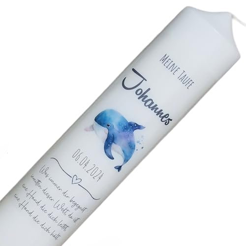 TAUFKERZE | KOMMUNIONKERZE | KONFIRMATIONKERZE - Wal Johannes für Mädchen & Jungen, mit Name Datum und Taufspruch beschriftet. Taufkerze Walfisch (30x6)