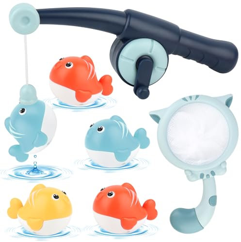 Jouet de bain pour bébé à partir de 1, 2, 3 ans, jouet de bain pour tout-petits avec 5 jouets de bain à remonter, jeu de pêche, jouet de bain avec filet de pêche, bâtons de pêche, jouets flottants