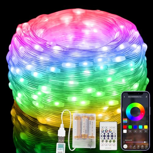 Electight 10M Tira LED Navidad Inteligente con Mando a distancia, RGB Cadena de Lámparas, IP65 Impermeable, Control APP & Bluetooth, para Interiores, Exteriores, Halloween, Pilas Incluidas