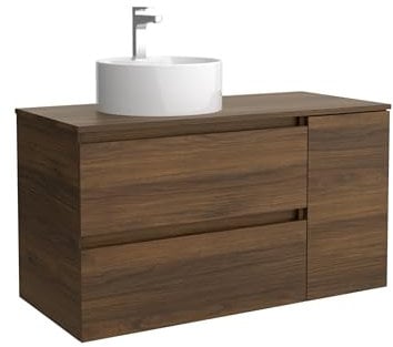 Salgar Mueble de Baño Bequia 90cm + Coqueta 1 Puerta Lado Reversible + Encimera + Lavabo posar| Nogal |90x45x56