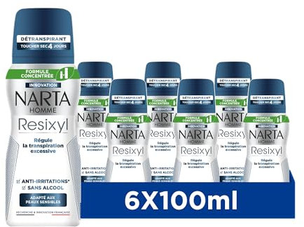 NARTA - Resixyl - Déodorant Spray Compressé Homme - Détranspirant Toucher Sec 4 Jours - Transpiration Excessive - Anti-Irritations* - 0% Alcool** - Peaux Sensibles - Anti trace blanche - 100ml - LOT 6