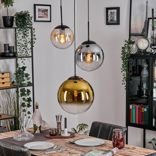 HOFSTEIN Hängeleuchte Gastor, 3-flammige Hängelampe aus Metall/Glas in Schwarz/Bernstein/Rauch/Gold/Klar, Pendelleuchte im Vintage-Design, Ø Schirme 20; 25; 30 cm, E27, Esszimmer, Küche, Wohnzimmer