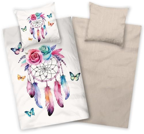 Aminata kids Bettwäsche Traumfänger 135x200 Biber Flanell Baumwolle Dreamcatcher | beige Mädchen | 2- teiliges warmes & weiches Wende-Bettwäsche-Set