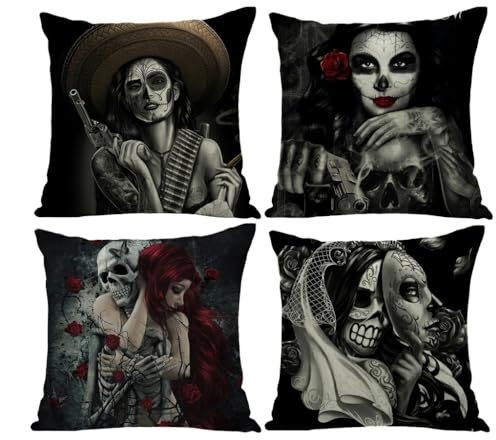 PRK 14 Cushion Covers 4 pcs Halloween Tattoo Gothic Pillow Throws for Livingroom Bedroom Couples Sofa Horror Scary Pillowcase Set 45 x 45cm