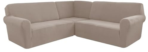 AIMENJOY L-Form Sofahusse 5/7-Sitzer Eckcouch Cover, Elastischer Ecksofabezug Mit Anti-rutsch Schaumstoffankern, 3-teilige Dicker Jacquard Schonbezug (Khaki,5 Sitzer)