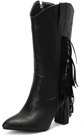 BAISOILIHA Donne Frangia Cowboy Knee Stivali Alti Stivali Cowgirl Appuntito Nappe Chunky Heel Side Zip Embroidery Stitched Stivali Western per donne Le signore Ragazze nero Numero 35