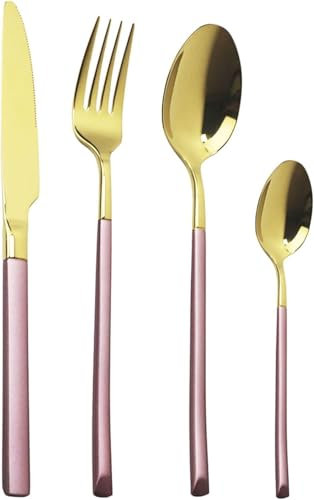 WDCDYQDH Besteck-Set, 16-teilig, Besteck-Set aus 304 Edelstahl, Küchengeschirr-Set, Messer, Gabel, Löffel, Essgeschirr, Besteckzubehör für Partys, Abendessen, Geschenk (Roségold)