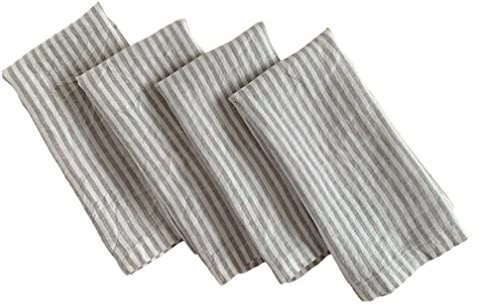 Leinenservietten – 100 % reine Stonewashed Leinen-Stoffservietten – Gehrungsecken – Größe 50 cm x 50 cm – 4 Stück (graue Streifen)