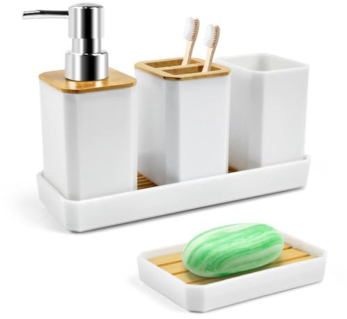 ADERTOS Juego de Accesorios de Baño, 5 PCS Accesorios de Baño de Bambú, Soporte para Cepillo de Dientes, Jabonera, Taza de Cepillo de Dientes, Dispensador de Jabón para Baño Cocina Dormitorio