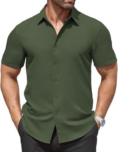 COOFANDY Shirts for Men Short Sleeve Formal Shirt Non Iron Stretchy Shirt Smart Casual Shirts Regular Fit Dark Green M