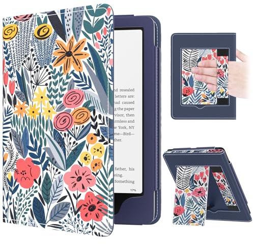 MoKo Étui pour Kindle Paperwhite (12e/11e gén, 2024/2021),Fleur Bleue | Compatible avec Kindle Colorsoft Signature Edition, étui fin en PU, Réveil/Mise en veille auto