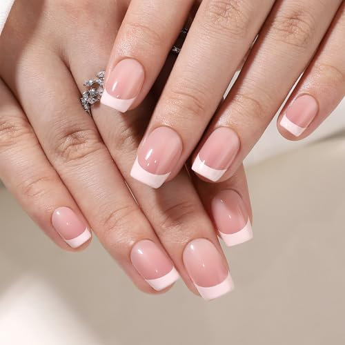 Noerrors Französische künstliche Nägel, kurz, quadratisch, mit weißer Spitze und Nude-Ombre-Effekt, zum Aufkleben, 32 Stück, aus weichem Gel-Acryl, vollflächig verdeckend, mit Gel-Kleber