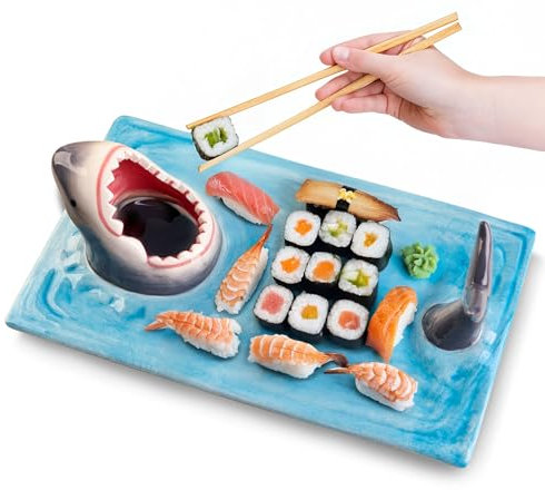 Plato de cerámica azul claro, platos de sushi de tiburón, divertidos platos de ensalada de cocina hechos a mano con cuenco de salsa, platos aptos para microondas, horno, lavavajillas, regalos de
