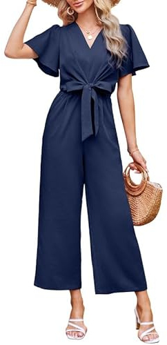 JASAMBAC Women's Jumpsuits & Playsuits Black One Piece Jumpsuits Dressy Casual V Neck Short Sleeve Summer Travel Outfits Straight Linen Romper with Pocket Wedding Guest Outfits