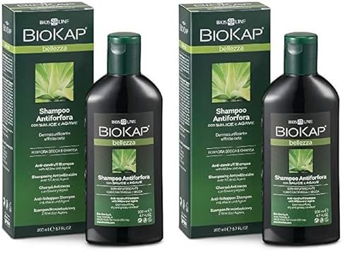 BIOKAP Shampoo Antiforfora, Shampoo Capelli Con Salice e Agave, Dermopurificante Effetto Seta, Purifica la Cute, 200 ml (Confezione da 2)