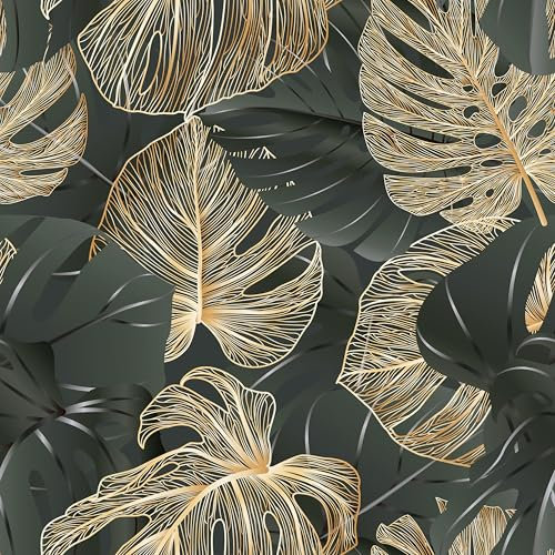 Yullpaper Tapete Dschungel Schwarz Gold Orange Möbelfolie Muster Wand Tapeten Wohnzimmer Schlafzimmer klebefolie möbel Retro Tapete Blätter Dekofolie Selbstklebend Klebefolie für Schrank 44.5 x 1000cm