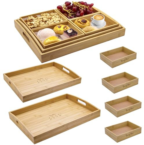 Bandeja de madera para servir con asas, juego de 6, bandejas de bambú grandes, bandeja decorativa con asas para cama, sofá, regazo, mesa de café, comedor, comida, fiesta y regalos