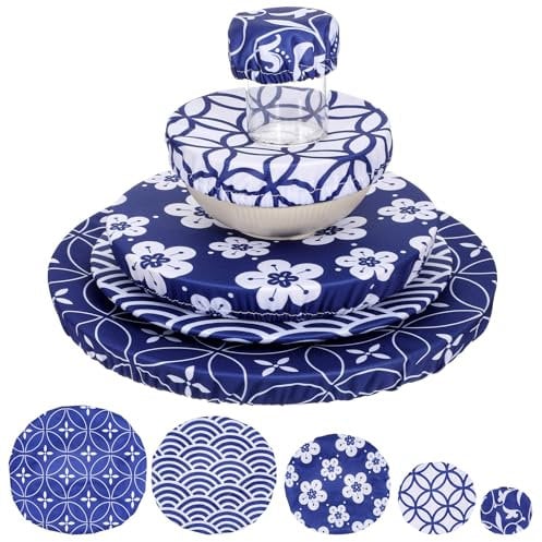 5 Pcs Bowl Covers Reusable in 5 Sizes- Elastic Lids for Proofing and Freshness, Stretchable Cloth Fabric Bowl Covers for Food Storage, Bread, Sourdough, Fruits and Leftovers(Blue)