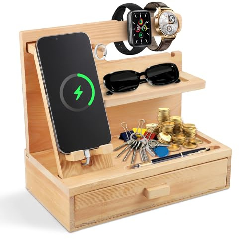 Wooden Bedside Organiser with Detachable Phone Stand & Drawer, Bedside Docking Station Gifts for Men women, Key Holder Wallet phone Desktop Storage Station for Men Women Birthday Christmas (Wood)