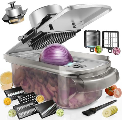 Vegetable Chopper Cutter, 9-in-1 Stainless Steel Mandoline Vegetable Slicer, Food Slicer for Kitchen, Veggie Onion Salad Carrot Garlic Fruit Chopper and Dicer, Potato Chipper