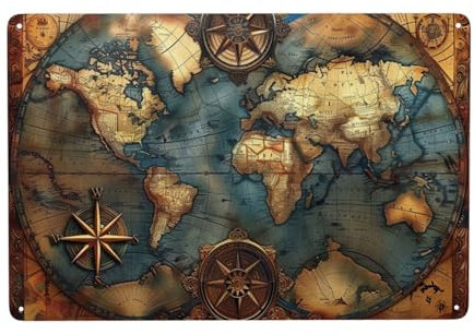 Weltkarte – Eine Aufzeichnung Der Erkundung Der Welt Wandposter Lustiges Blechschild Vintage Metall Wanddekoration Für Cafe Pub Garage 20X30Cm