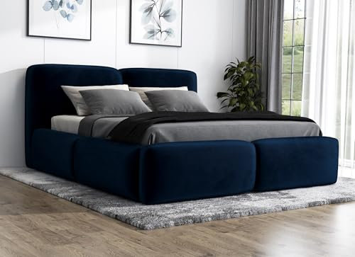 A&J MöbelLand Polsterbett 180x200 mit Bettkasten und Lattenrost – OLKE, Bett mit Matratze und Stauraum in Dunkelblau
