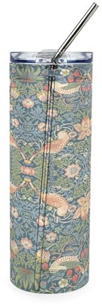 Purely Home Blue Strawberry Thief Glass Travel Flask - William Morris Artwork Gifts - Reusable Hot/Cold Drinks Cup with Metal Straw (750ml)