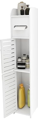 MENGDA Schmaler Badezimmerschrank mit Tür, Badregal Weiß, Badschrank mit Handtuchhalter, Mehrzweck-Aufbewahrungsregal