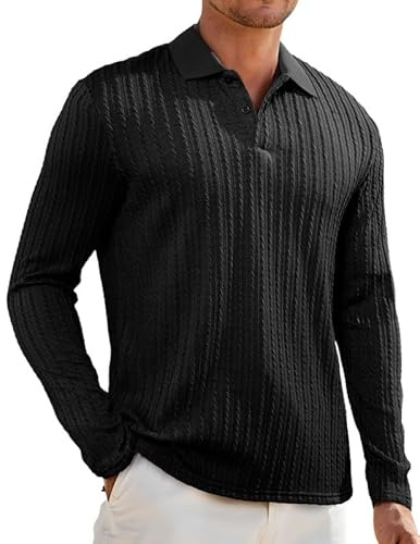 Elegancity Men's Polos Shirt Long Sleeve Regular Fit Cable Knit Golf Black Polo Shirts for Men Business Casual Solid Color Breathable Work T-Shirts, Black XXL