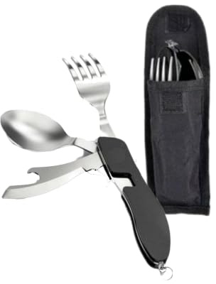 Posate Pieghevoli Campeggio Multiuso Picnic Escursioni Viaggi Portatili Acciaio Inossidabile Staccabili 5 in 1 Picnic Coltello Forchetta Cucchiaio Apribottiglie Apriscatole (N° 2 POSATE PIEGHEVOLI)
