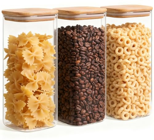 ComSaf 1.8L Square Glass Food Storage Containers with Bamboo Lids, 3 Pack | Square Storage Jars for Kitchen Cupboards, Pantry Organization, Glass Food Storage Containers with Lids for Pasta, Rice