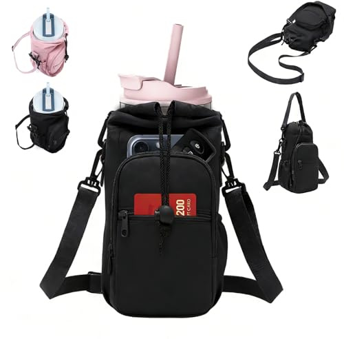 DVDVBOOM Water Bottle Carrier Bag, Portable Insulated Water Bottle Holder with Adjustable Shoulder Strap, Sling Bag with Phone Pocket for Gym Hiking (Black)