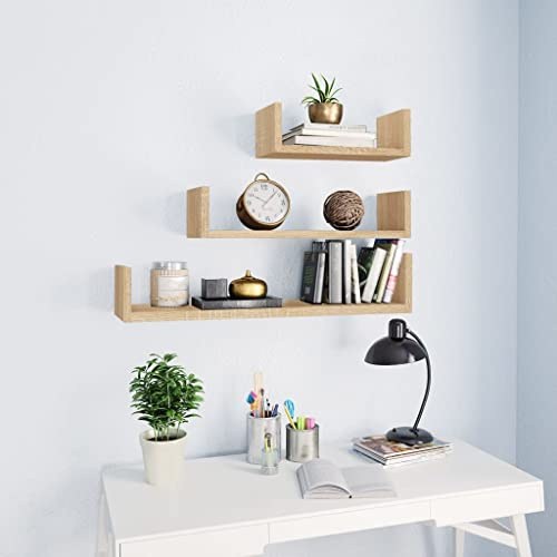 HFXHIJXQ Wandregal Set Sonoma Eiche Holzwerkstoff 3er Set Klein Mittel Groß 60 45 30 x 15 x 10 cm Moderne U Form Schweberegal für Küche Wohnzimmer Schlafzimmer Büro