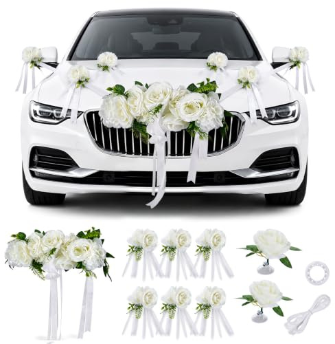 Lot de 11 décorations pour voiture de mariage - Avec ventouses extra puissantes et ruban de satin de 440 cm - Sans rayures - Réutilisable - Pour voiture de mariée - Blanc