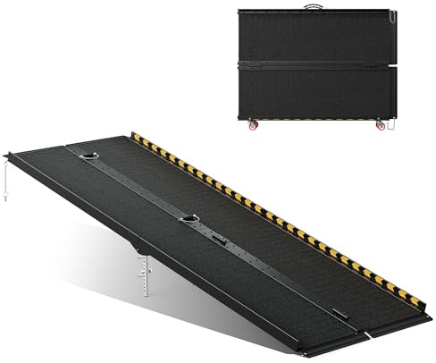 213 cm Rollstuhlrampe Hochfeste Aluminium, 363kg Kapazität | 4 verstellbare Stützen, 4 Räder, Anti-Rutsch, 4-Wege Faltbar, Für Treppen & Türschwellen 17-35 cm