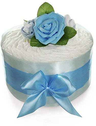 Windeltorte Junge ROSENBLÜTE - Geschenk zur Geburt | 24-teilig | Geschenk für Jungen zur Geburt Babyparty Babyshower (blau)