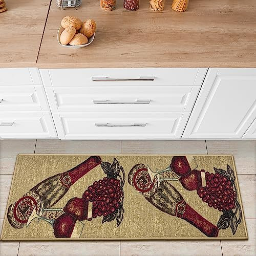 Ottomanson Siesta Collection Kitchen diseño de Vino (se Puede Lavar), Alfombra Antideslizante, Color, 50cm x 150cm, Color Beige
