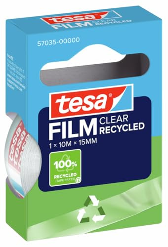 tesafilm Clear Recycled Tape - Transparent - 1 Roll - 10m x 15mm | Tear-resistant transparent film made from 100% recycled plastic - strong adhesion, solvent-free and resistant to ageing