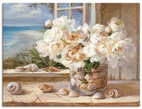 ARTLAND Wanddeko Leinwand Bilder Wandbild 80x60 cm Fensterblick Fenster Strand Meer Küste Muscheln Maritim Stillleben K7BB