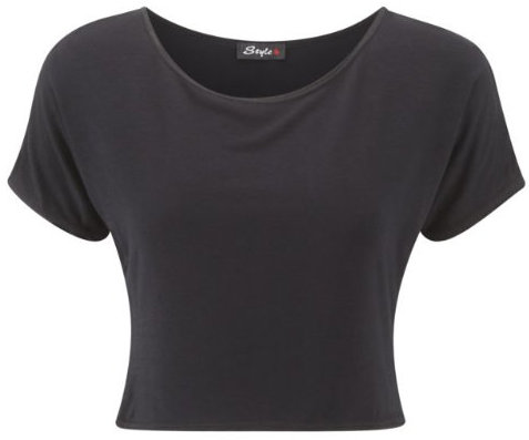 ZEE FASHION New Womens Print Pattern Short Cap Sleeve Ladies Crop Stretch T-Shirt Plain Top UK 8-14 Black