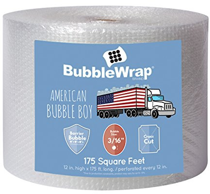 Bubble Wrap Roll 175', small bubble wrap 3/16 cushioning, 175ft perforated Every 12 Made in the USA by American Bubble Boy for packing, moving, wrapping of glassware, dishes, furniture and more!