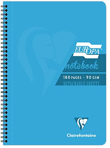 Clairefontaine 5802Z Europa Glossy Turquoise Spiral Notebook - A4 21x29.7 cm - 180 Detachable Lined Pages with Margin - 90 g White Paper - Varnished Card Cover