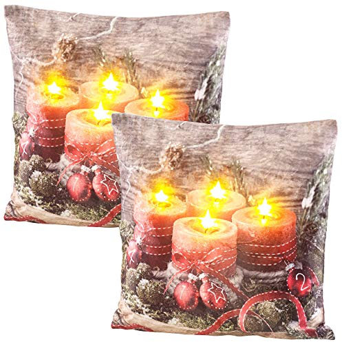 infactory Kissen mit Lichter: 2er-Set Deko-Kissen mit Adventskranz-Motiv, 4 LEDs, 45 x 45 cm (LED-Dekokissen Weihnachten, Weihnachtskissen mit, Batterie)