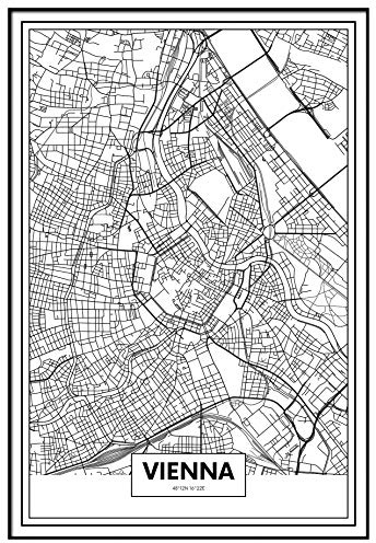 Panorama Gerahmtes Poster Karte von Wien 70x100cm - Gedruckt auf Starres Poster - Enthält Rahmen - Moderne Bilder Wohnzimmerdekoration - Schlafzimmer