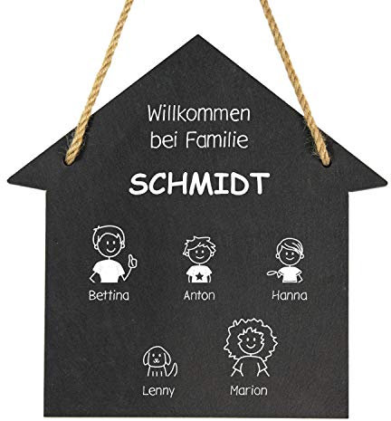 Geschenke 24 Schiefertafel personalisiert Hausform Willkommen im Comic Stil (5 Figuren): Türschild Familie Eingangstür Haustür - Schiefertafel mit Gravur - Geschenke, Wanddeko