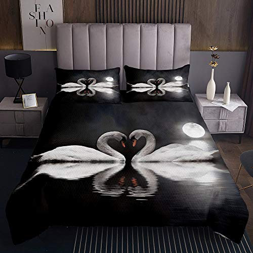 richhome Schwanensee Tagesdecke 220x240cm Paar Schwan Steppdecke für Kinder Jungen Mädchen Grauer See Weichste Bettwäsche Set Tagesdecke Bettbezug 3St