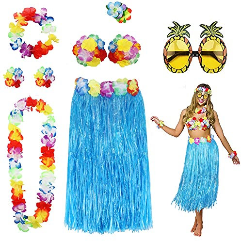 PHOGARY 8 Teilig Hawaii Mottoparty Kostüme Set, Hula Rock (Blau), Blumenkette, Blume-Armbänder, Blumen-BH, Haarblume, Ananas-Sonnenbrille für Tikiparty Beachparty Deko