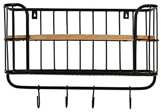 elbmöbel Wandregal Industrial Metallregal schwarz mit Holz 4 Haken 65 cm