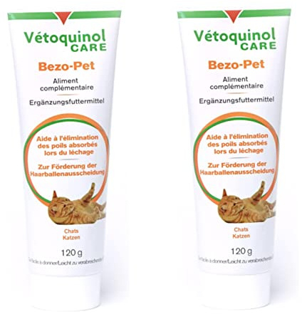 Vetoquinol Bezo-Pet Paste | Doppelpack | 2 x 120g | Ergänzungsfuttermittel für Hunde und Katzen | Kann dabei helfen zur Förderung der Haarballenausscheidung beizutragen | Mit Malz