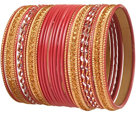 Touchstone NEU Bunte 2 Dutzend Armreif Kollektion“ Indische Bollywood Legierung Metall Texturierte Hot Rosa Farbe Designer Schmuck Armreif Armbänder Set von 24 in antikem Goldton für Frauen.